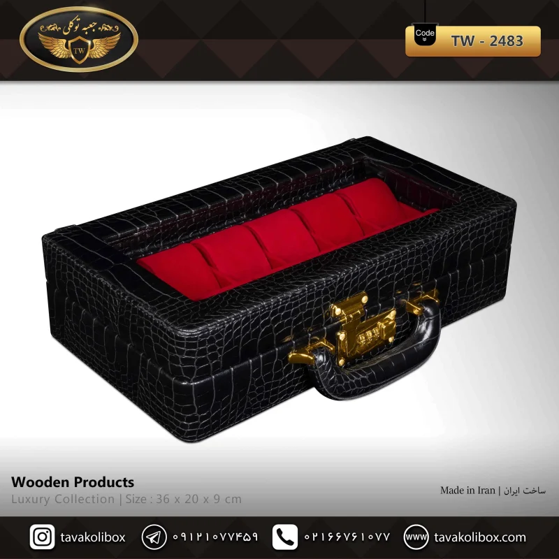 جعبه ساعت 12 خونه سوپرلاکچری درب دار بالشتک لوکس چرم رنگ مشکی مدل : TW-2483