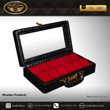 جعبه ساعت 12 خونه سوپرلاکچری درب دار بالشتک لوکس چرم رنگ مشکی مدل : TW-2483