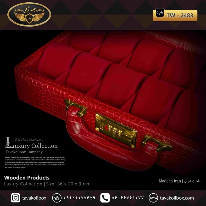 جعبه ساعت 12 خونه سوپرلاکچری درب دار بالشتک لوکس چرم رنگ قرمز مدل : TW-2483 - Image 3