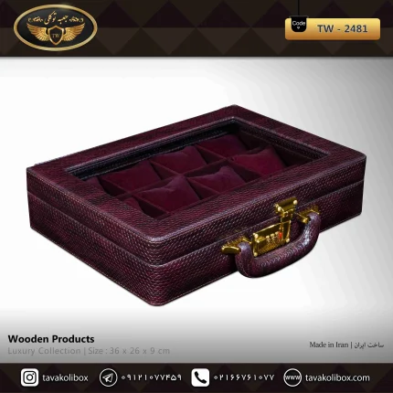 جعبه ساعت 12 خونه سوپرلاکچری درب دار بالشتک معمولی چرم رنگ بنفش مدل : TW-2481