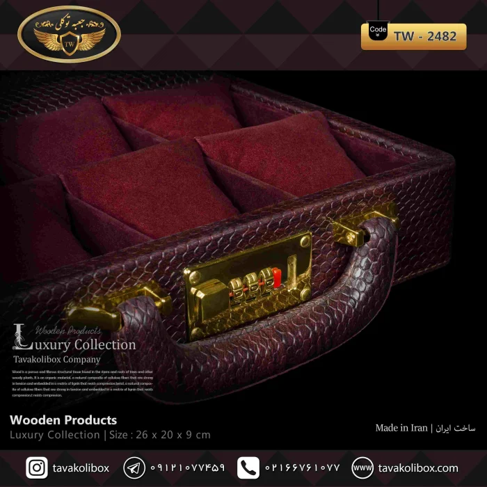 جعبه ساعت 6 خونه سوپرلاکچری درب دار بالشتک معمولی چرم رنگ قهوه ای مدل : TW-2482 - Image 3