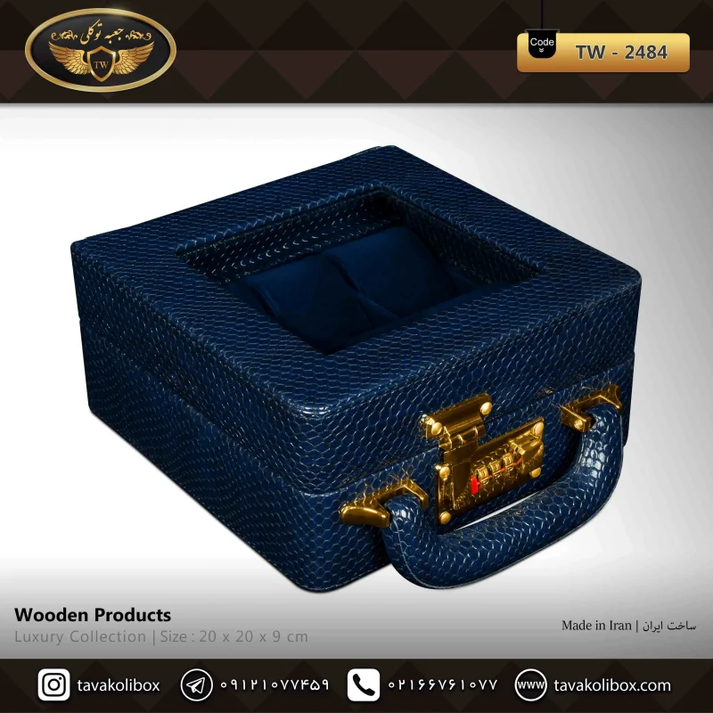 جعبه ساعت 6 خونه سوپرلاکچری درب دار بالشتک لوکس چرم رنگ سورمه ای مدل : TW-2484