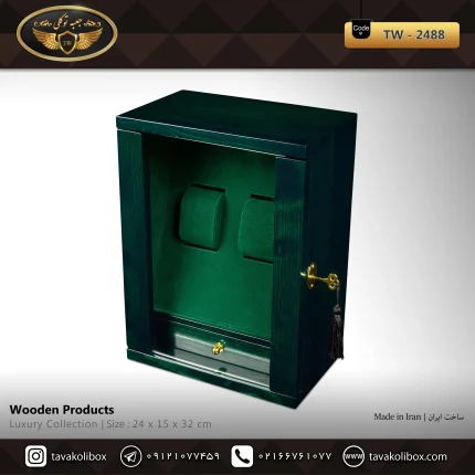 جعبه ساعت 2 خونه ایستاده کلیددار -کشودار بالشتک لوکس رنگ سبز یشمی مدل : TW-2488