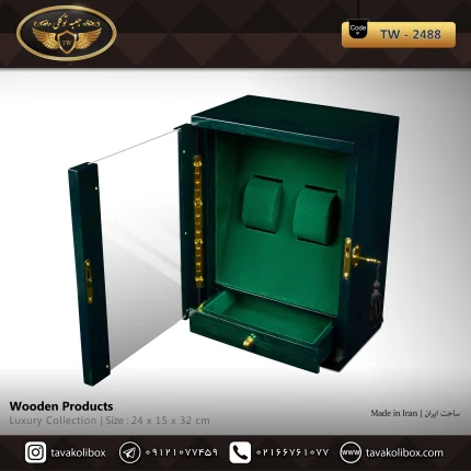 جعبه ساعت 2 خونه ایستاده کلیددار -کشودار بالشتک لوکس رنگ سبز یشمی مدل : TW-2488