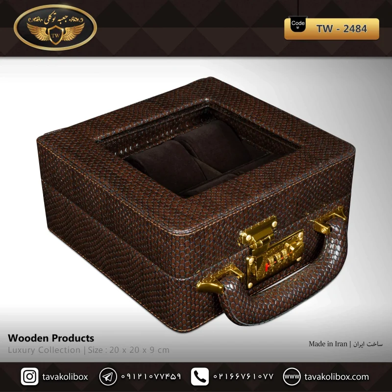 جعبه ساعت 6 خونه سوپرلاکچری درب دار بالشتک لوکس چرم رنگ قهوه ای مدل : TW-2484