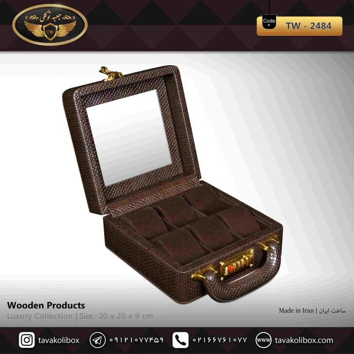 جعبه ساعت 6 خونه سوپرلاکچری درب دار بالشتک لوکس چرم رنگ قهوه ای مدل : TW-2484
