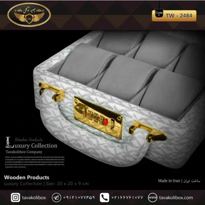 جعبه ساعت 6 خونه سوپرلاکچری درب دار بالشتک لوکس چرم رنگ سفید مدل : TW-2484