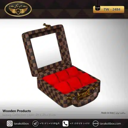 جعبه ساعت 6 خونه سوپرلاکچری درب دار بالشتک لوکس چرم رنگ قهوه ای چارخونه مدل : TW-2484