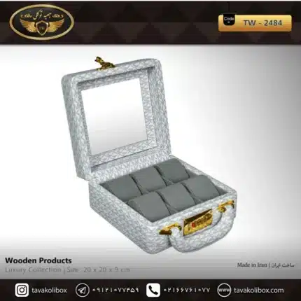 جعبه ساعت 6 خونه سوپرلاکچری درب دار بالشتک لوکس چرم رنگ سفید مدل : TW-2484
