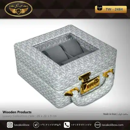 جعبه ساعت 6 خونه سوپرلاکچری درب دار بالشتک لوکس چرم رنگ سفید مدل : TW-2484