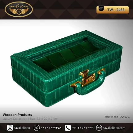 جعبه ساعت 12 خونه سوپرلاکچری درب دار بالشتک لوکس چرم رنگ سبز مدل : TW-2483