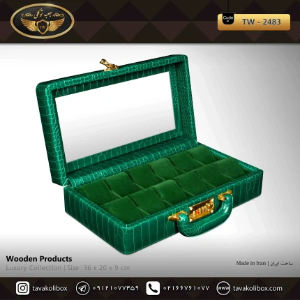 جعبه ساعت 12 خونه سوپرلاکچری درب دار بالشتک لوکس چرم رنگ سبز مدل : TW-2483