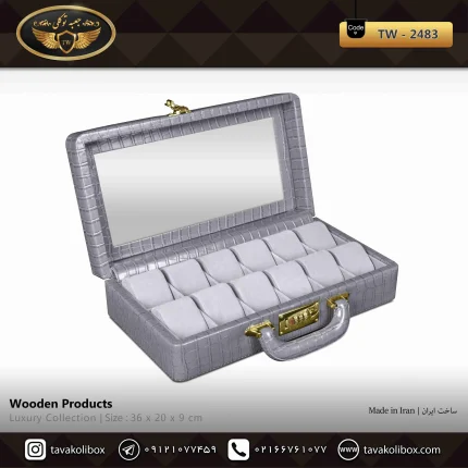 جعبه ساعت 12 خونه سوپرلاکچری درب دار بالشتک لوکس چرم رنگ طوسی مدل : TW-2483