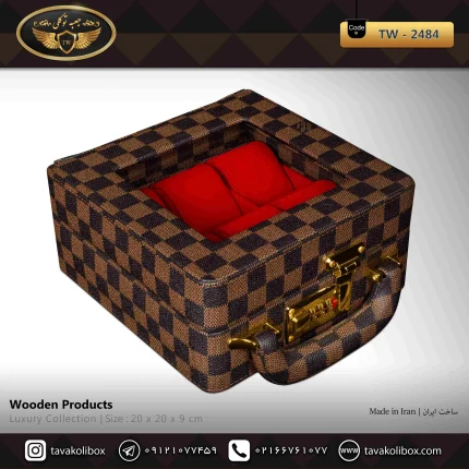 جعبه ساعت 6 خونه سوپرلاکچری درب دار بالشتک لوکس چرم رنگ قهوه ای چارخونه مدل : TW-2484