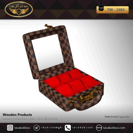جعبه ساعت 6 خونه سوپرلاکچری درب دار بالشتک لوکس چرم رنگ قهوه ای چارخونه مدل : TW-2484