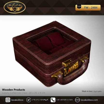 جعبه ساعت 6 خونه سوپرلاکچری درب دار بالشتک لوکس چرم رنگ قهوه ای تیره مدل : TW-2484