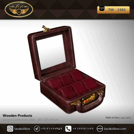 جعبه ساعت 6 خونه سوپرلاکچری درب دار بالشتک لوکس چرم رنگ قهوه ای تیره مدل : TW-2484