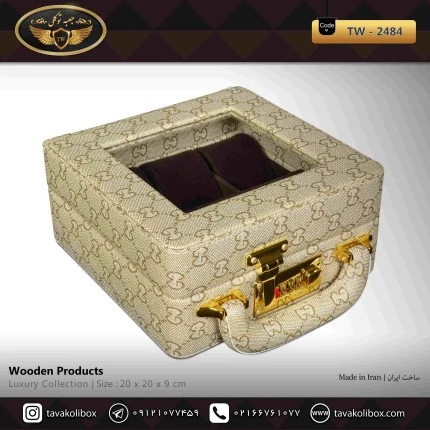 جعبه ساعت 6 خونه سوپرلاکچری درب دار بالشتک لوکس چرم رنگ کرم مدل : TW-2484