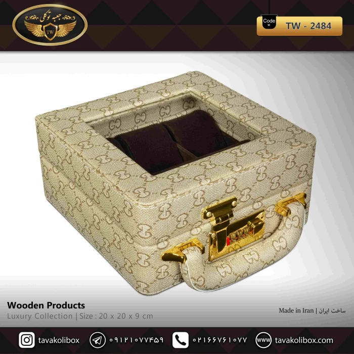 جعبه ساعت 6 خونه سوپرلاکچری درب دار بالشتک لوکس چرم رنگ کرم مدل : TW-2484