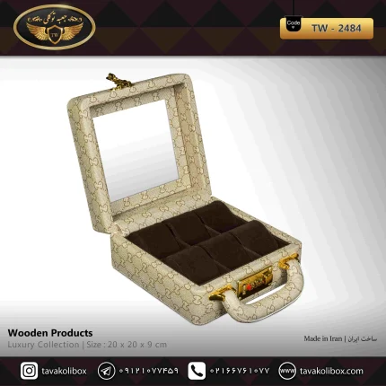 جعبه ساعت 6 خونه سوپرلاکچری درب دار بالشتک لوکس چرم رنگ کرم مدل : TW-2484