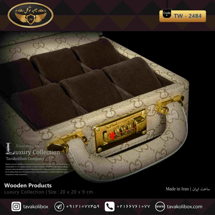 جعبه ساعت 6 خونه سوپرلاکچری درب دار بالشتک لوکس چرم رنگ کرم مدل : TW-2484 - Image 3