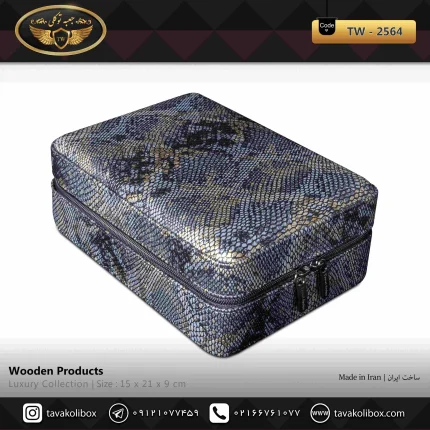 جعبه ساعت 4 خونه سوپرلاکچری زیپدار بالشتک لوکس چرم رنگ آبی، طلایی مدل : TW-2564