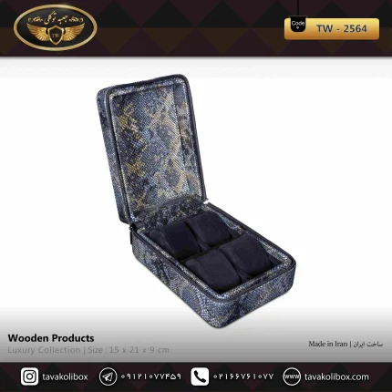 جعبه ساعت 4 خونه سوپرلاکچری زیپدار بالشتک لوکس چرم رنگ آبی، طلایی مدل : TW-2564