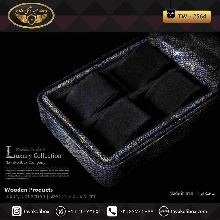 جعبه ساعت 4 خونه سوپرلاکچری زیپدار بالشتک لوکس چرم رنگ آبی، طلایی مدل : TW-2564 - Image 3