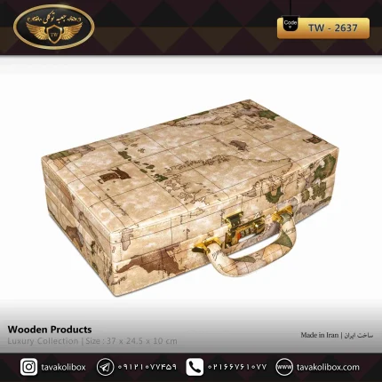 جعبه ساعت 12 خونه سوپرلاکچری بالشتک لوکس چرم رنگ کرم -سبز طرح نقش جهان مدل : TW-2637