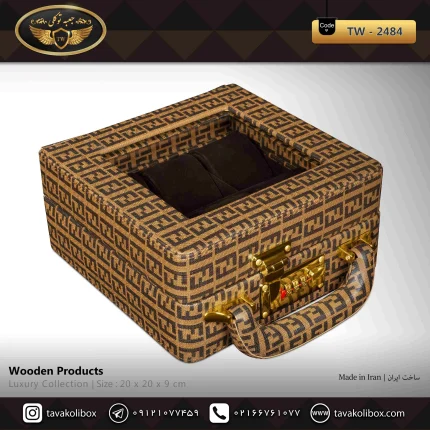 جعبه ساعت 6 خونه سوپرلاکچری درب دار بالشتک لوکس چرم رنگ شتری مدل : TW-2484