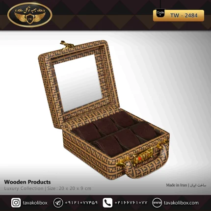 جعبه ساعت 6 خونه سوپرلاکچری درب دار بالشتک لوکس چرم رنگ شتری مدل : TW-2484