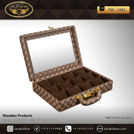 جعبه ساعت 12 خونه سوپرلاکچری درب دار بالشتک معمولی چرم رنگ قهوه ای چارخونه مدل : TW-2481