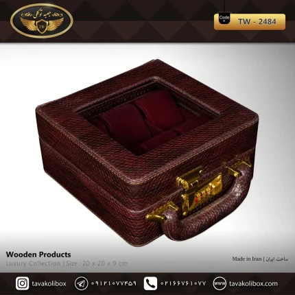 جعبه ساعت 6 خونه سوپرلاکچری درب دار بالشتک لوکس چرم رنگ زرشکی مدل : TW-2484