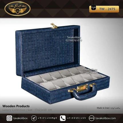 جعبه ساعت 12 خونه سوپرلاکچری درب دار بالشتک لوکس چرم رنگ آبی مدل : TW-2475