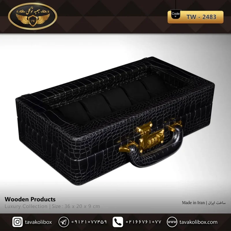 جعبه ساعت 12 خونه سوپرلاکچری درب دار بالشتک لوکس چرم رنگ مشکی مدل : TW-2483