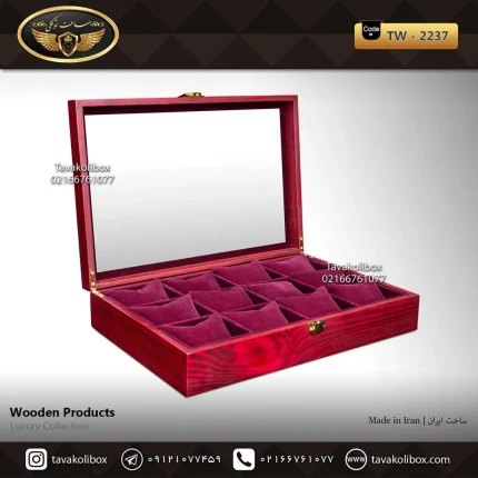 جعبه ساعت 12 خونه بالشتک معمولی چوب طبیعی رنگ قرمز مدل : TW-2237