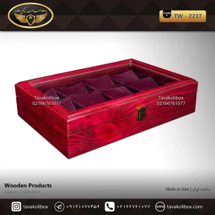 جعبه ساعت 12 خونه بالشتک معمولی چوب طبیعی رنگ قرمز مدل : TW-2237
