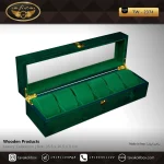 جعبه ساعت 6 خونه درب دار بالشتک لوکس چوب طبیعی رنگ سبز مدل : TW-2374