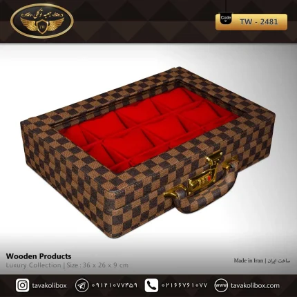 جعبه ساعت 12 خونه سوپرلاکچری درب دار بالشتک معمولی چرم چارخونه مدل : TW-2481