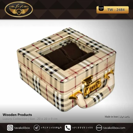 جعبه ساعت 6 خونه سوپرلاکچری درب دار بالشتک لوکس چرم رنگ کرم مدل : TW-2484