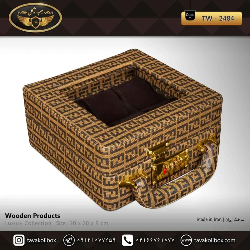جعبه ساعت 6 خونه سوپرلاکچری درب دار بالشتک لوکس چرم رنگ قهوه ای روشن مدل : TW-2484