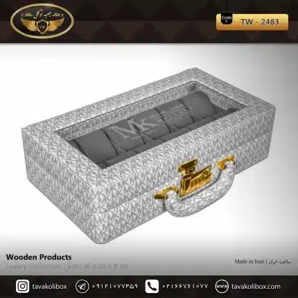 جعبه ساعت 12 خونه سوپرلاکچری درب دار بالشتک لوکس رنگ طوسی-سفید مدل : TW-2483