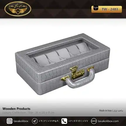جعبه ساعت 12 خونه سوپرلاکچری درب دار بالشتک لوکس رنگ طوسی مدل : TW-2483