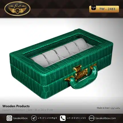 جعبه ساعت 12 خونه سوپرلاکچری درب دار بالشتک لوکس چرم رنگ سبز-طوسی مدل : TW-2483