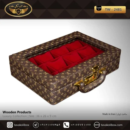 جعبه ساعت 12 خونه سوپرلاکچری درب دار بالشتک معمولی چرم قهوه ای-قرمز مدل : TW-2481